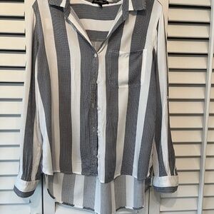 Women's Long-sleeve Button-down Blouse in Navy and White Stripes